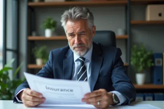 Homme d'affaires en costume examine un document d'assurance