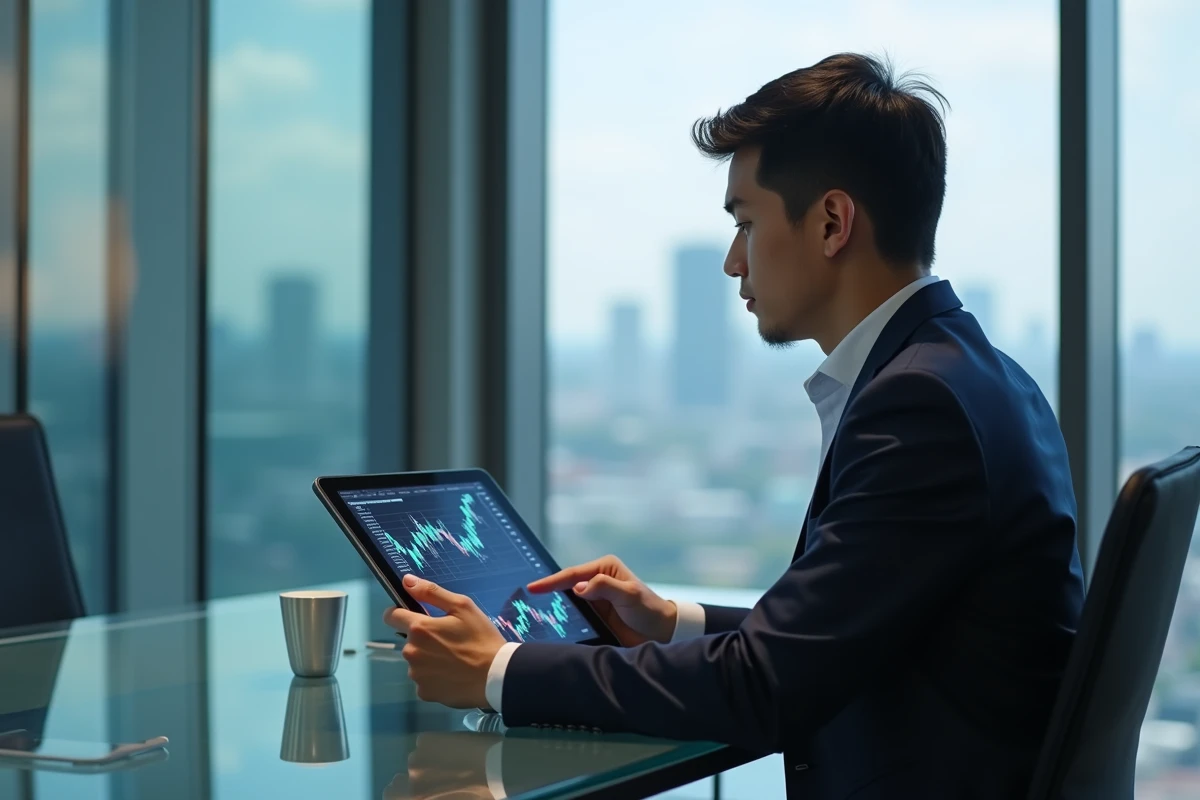 Jeune homme d'affaires concentré sur sa tablette avec graphiques blockchain