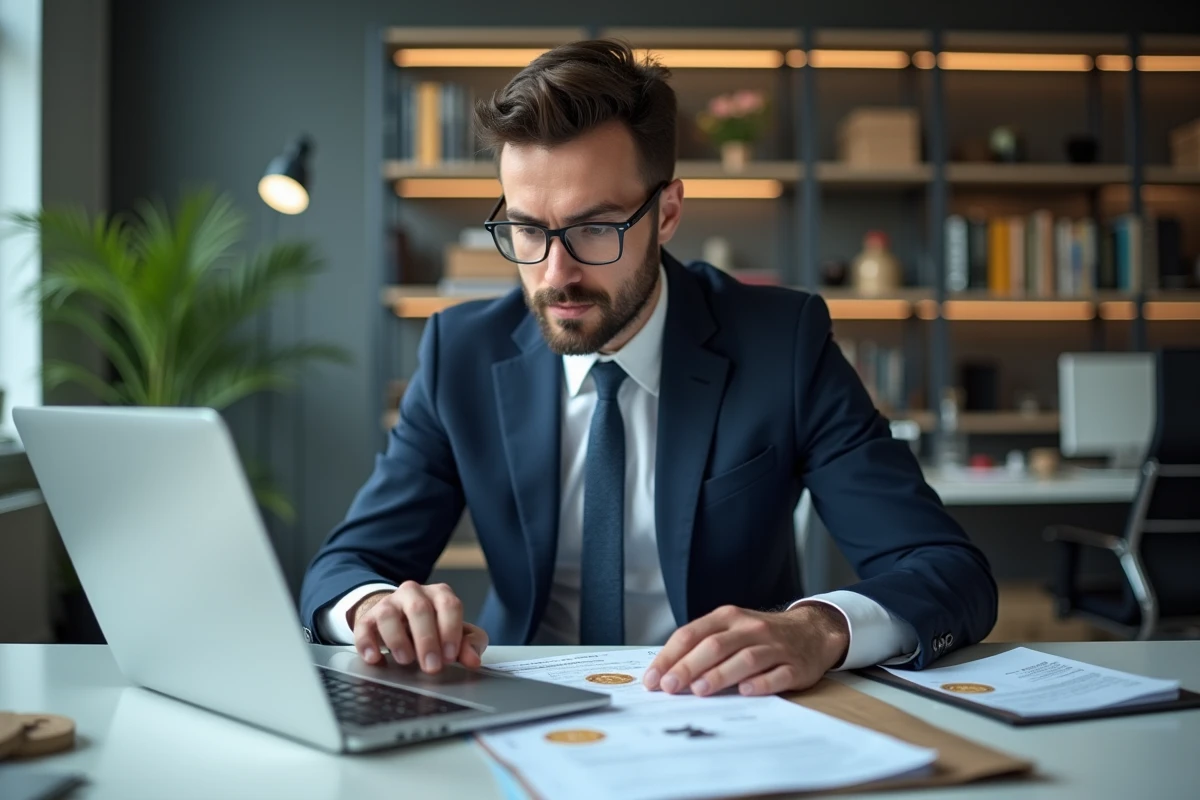 Homme d'affaires en costume examinant un document fiscal crypto