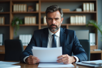 Homme d'affaires en costume avec documents importants