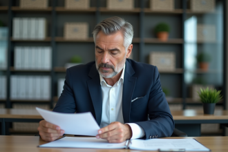 Homme d'affaires en costume bleu dans un bureau moderne