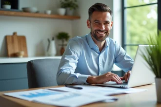 Homme d'affaires dans une cuisine moderne et lumineuse