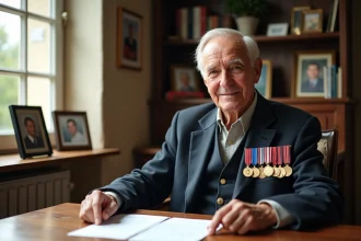 Homme âgé avec médailles examine documents de pension