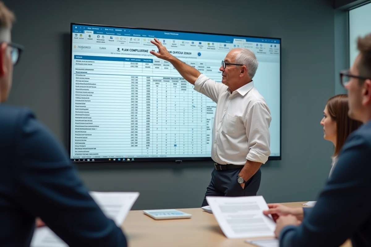 Homme en réunion analysant un tableau de comptabilite