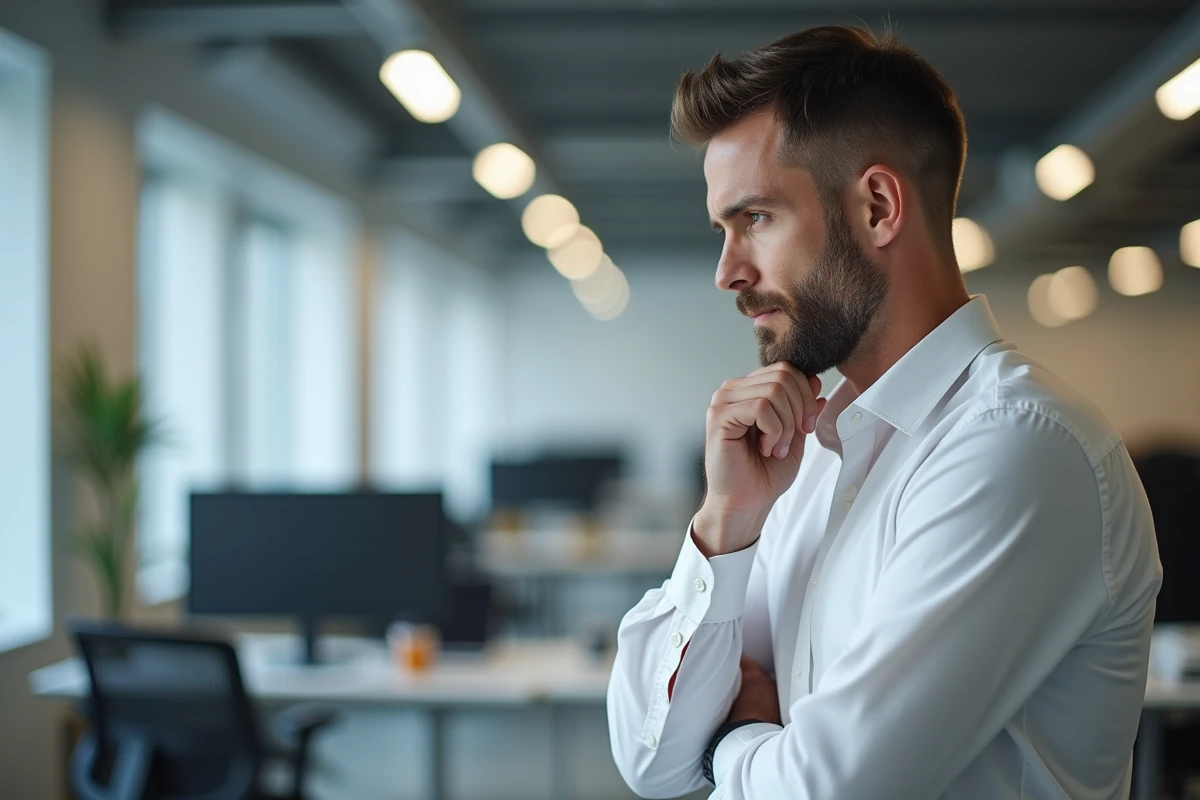 Homme scrutant un site de cashback en ligne avec une expression interrogative dans un bureau moderne