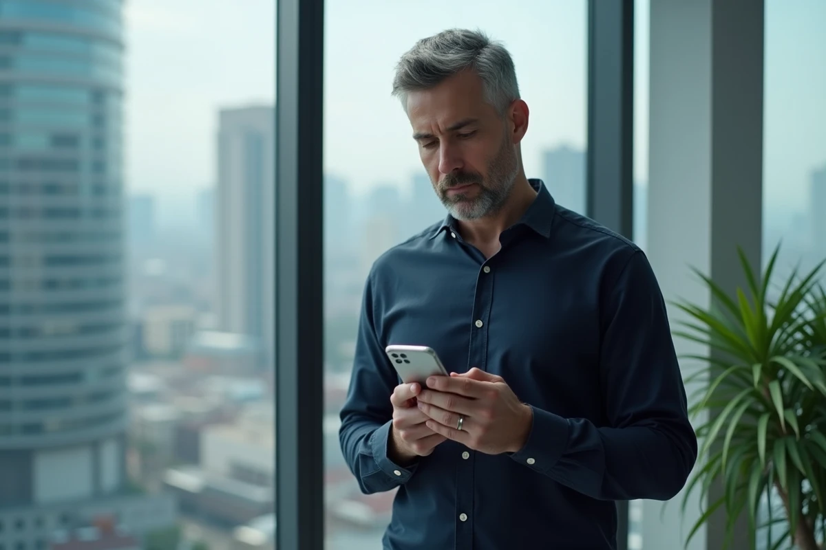Homme consultant l'application mobile La Banque Postale depuis son bureau en entreprise avec vue sur la ville