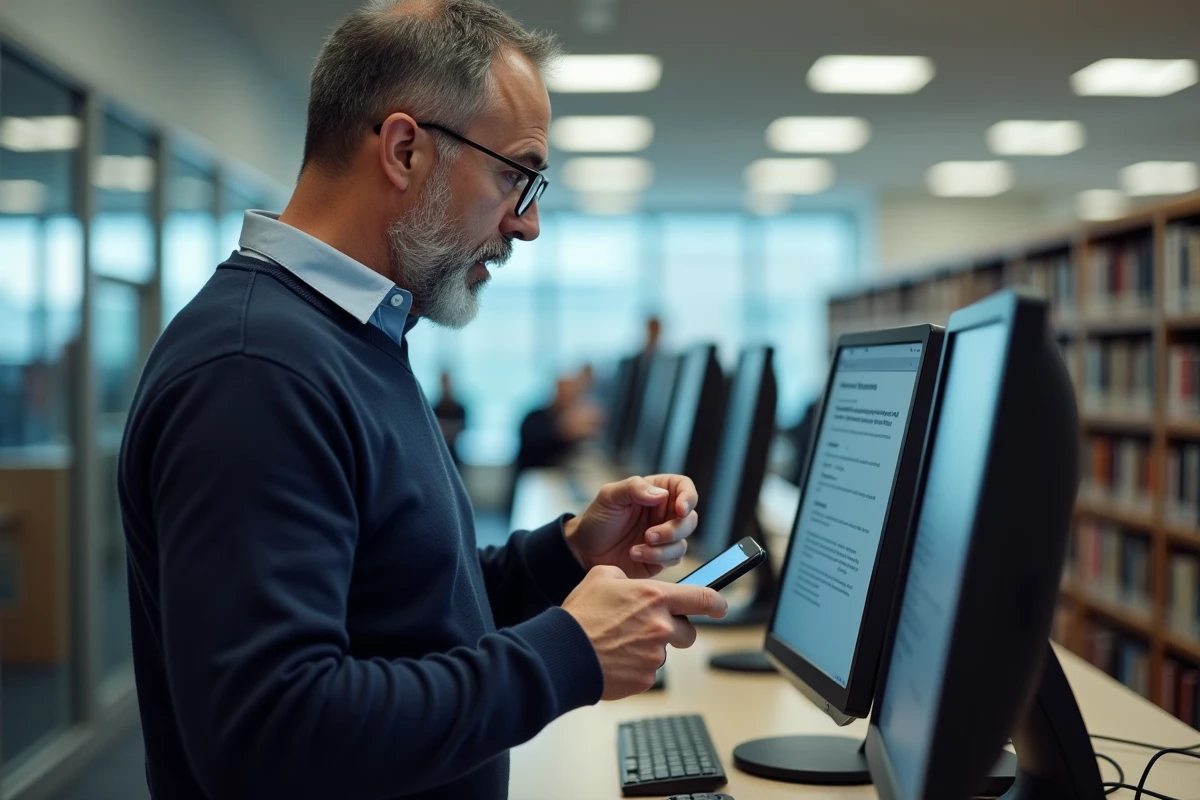 Homme à la bibliothèque utilisant un ordinateur pour accéder à un site officiel