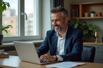 Homme d'âge moyen dans un bureau à domicile en train de consulter son compte en ligne