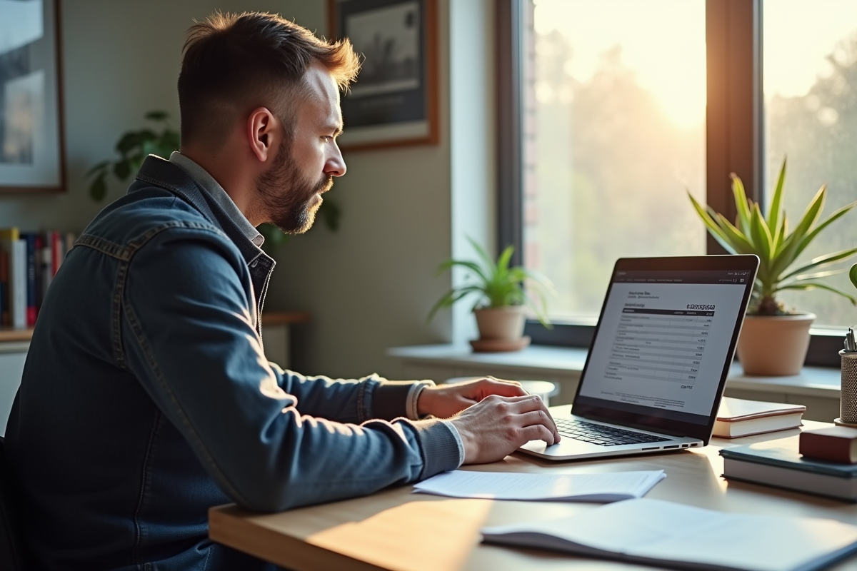 Homme d age moyen travaille sur son ordinateur dans un bureau domestique