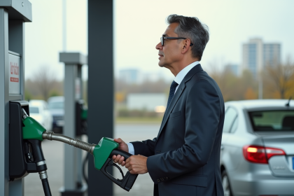 Homme d'affaires au gas station avec sa voiture moderne