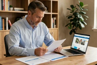 Homme consultant des documents d'assurance emprunteur sur un bureau à domicile avec un ordinateur portable ouvert