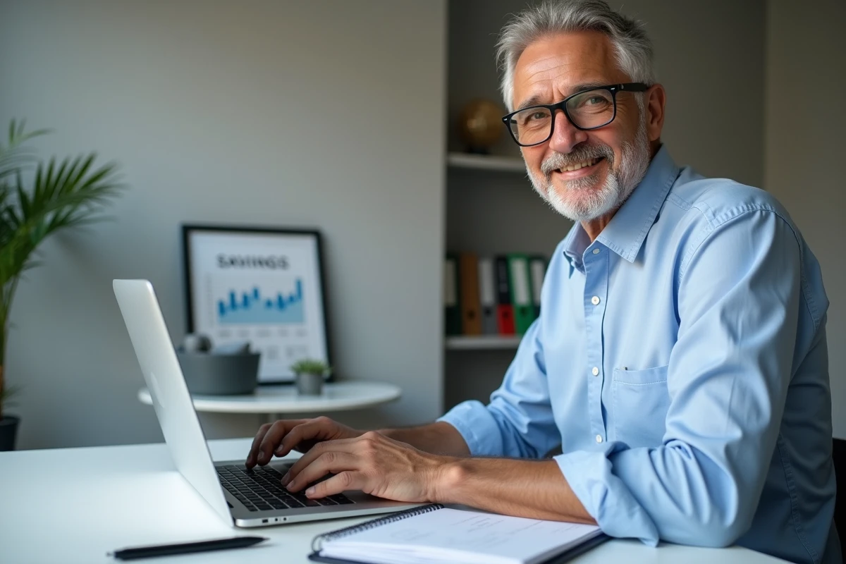 Homme consultant un tableau de bord d'épargne sur ordinateur portable dans un bureau moderne, comparaison des livrets bancaires CIC