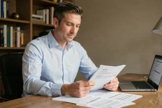 Homme consultant son contrat d'assurance emprunteur Predica à son bureau à domicile