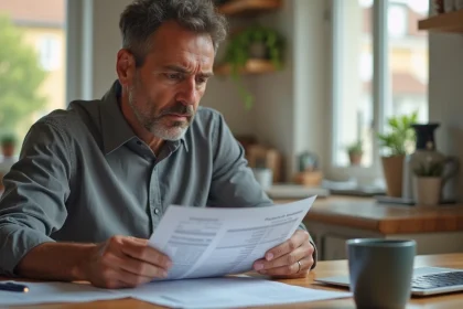 Homme consultant ses documents d'impôts fonciers à domicile pour décider de la mensualisation en 2026