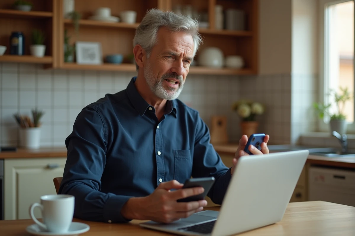 Homme utilisant son téléphone pour contacter le service client Cetelem depuis chez lui