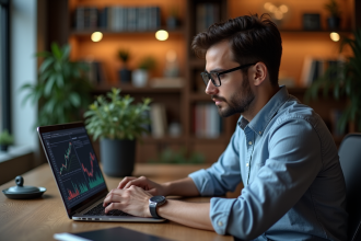 Homme concentré devant son ordinateur avec graphiques crypto