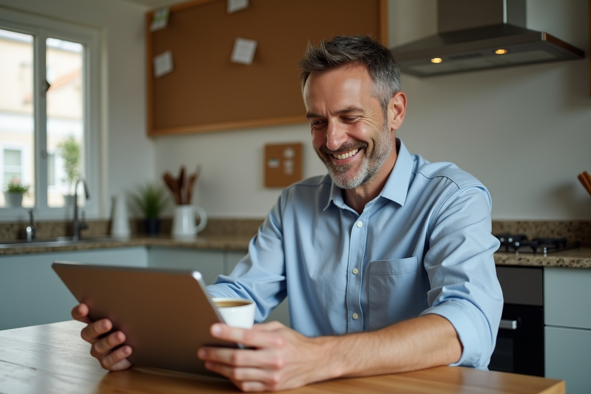 Homme détendu vérifiant son portefeuille en cuisine