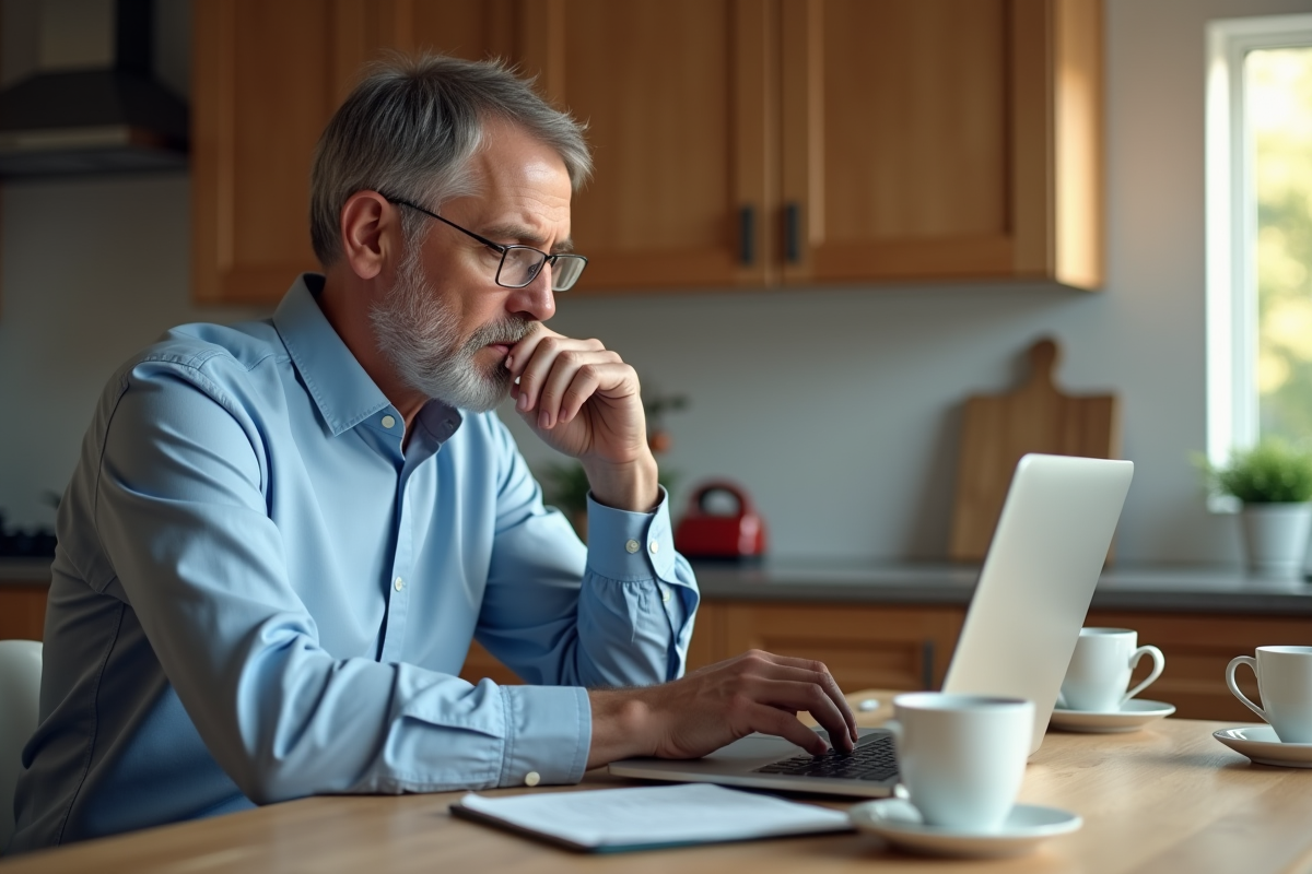 Homme regarde des options de pret sur son ordinateur à la maison