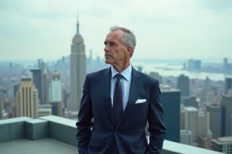 Homme d'affaires en costume sur un rooftop urbain