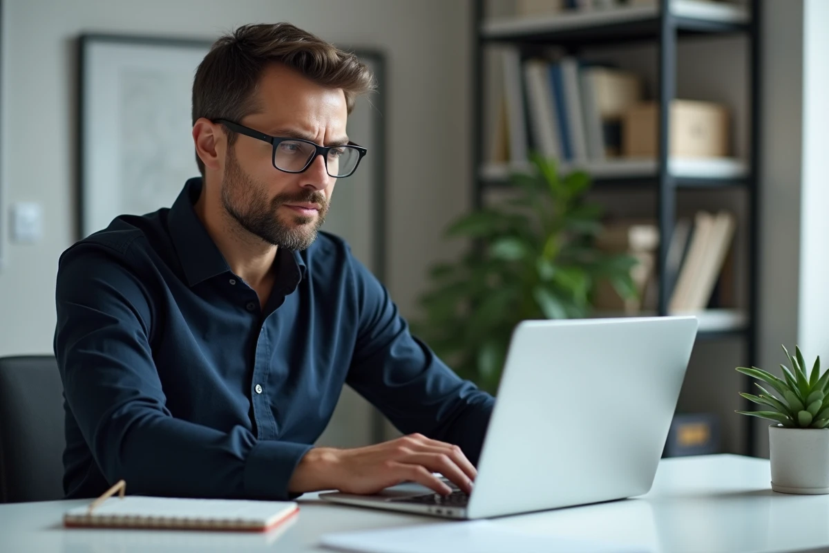 Homme remplissant une demande de remboursement en ligne pour un prélèvement AMZ Digital FRA