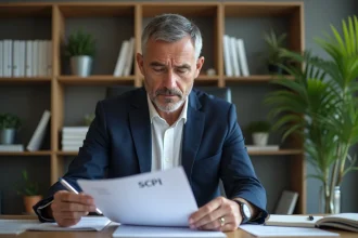 Homme d'âge moyen examinant des documents SCPI dans un bureau moderne