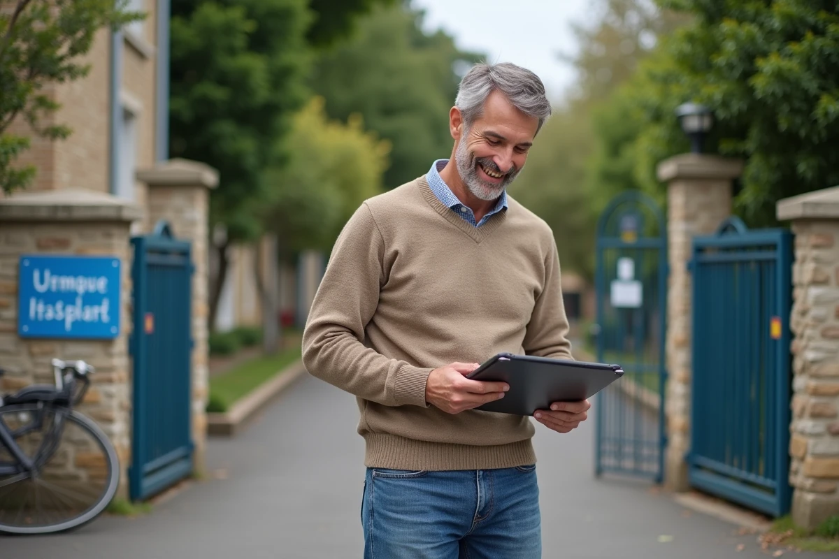 Homme souriant devant une école primaire française