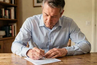Homme écrivant un chèque entre particuliers à son domicile, stylo à la main sur un carnet de chèques ouvert