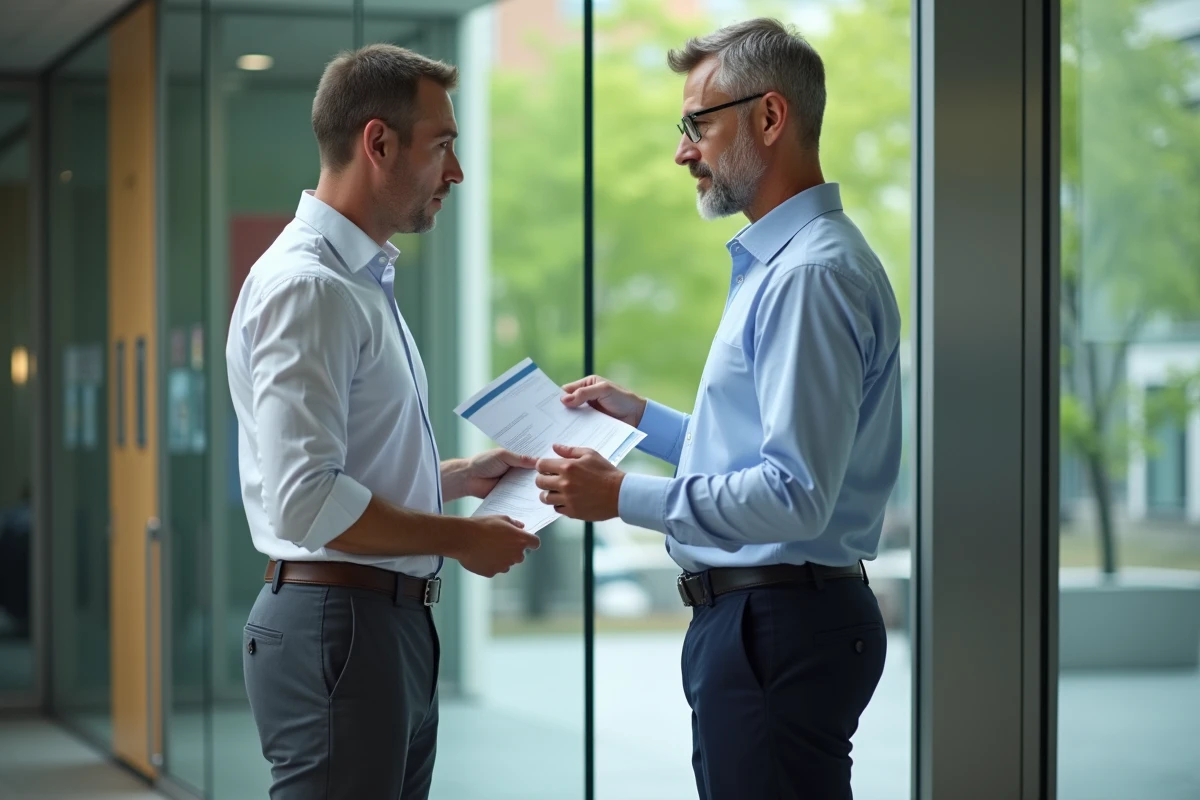 Homme en banque examinant un dossier de credit immobilier
