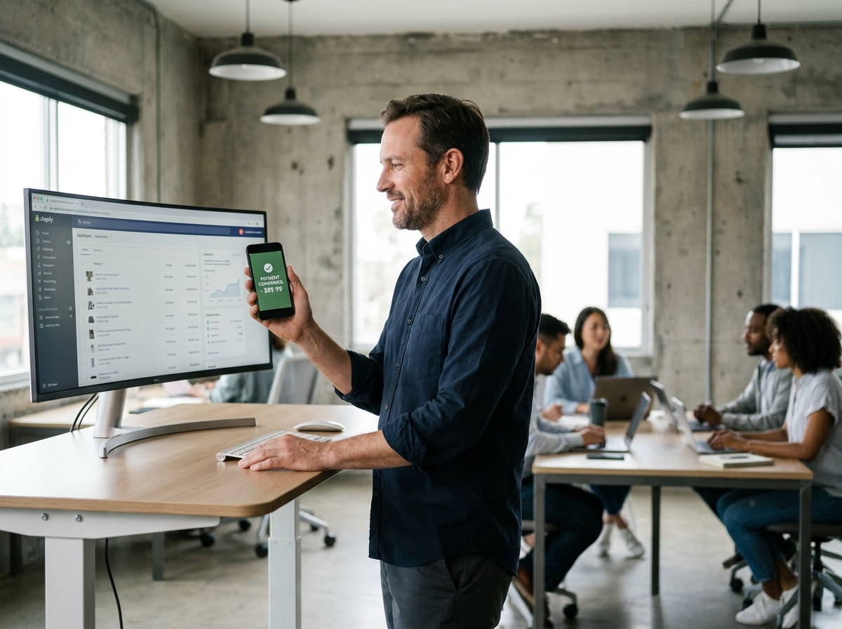 Homme gérant les paiements de sa boutique en ligne Shopify dans un bureau de startup moderne