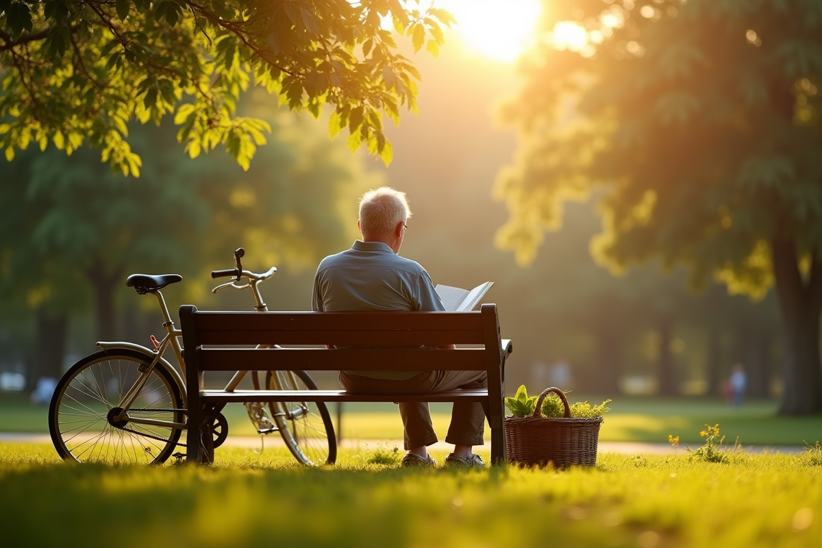 Homme lisant dans un parc avec un velo et panier pique-nique