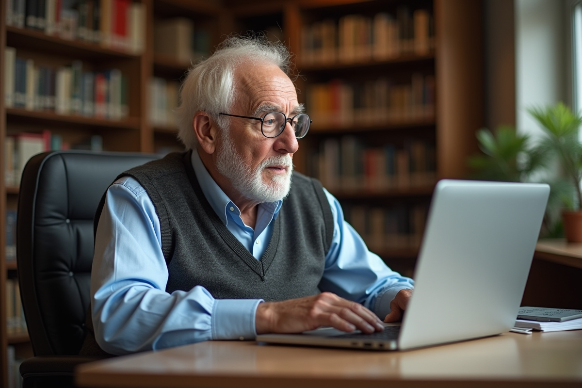 Homme âgé consultant son compte retraite à la bibliothèque