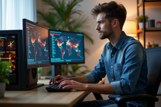 Jeune homme au bureau surveillant le minage de cryptomonnaie