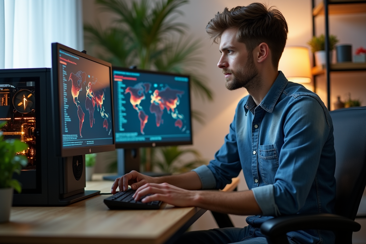 Jeune homme au bureau surveillant le minage de cryptomonnaie