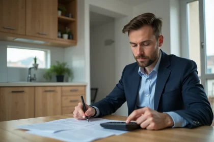 Homme en costume dans une cuisine lisant un document