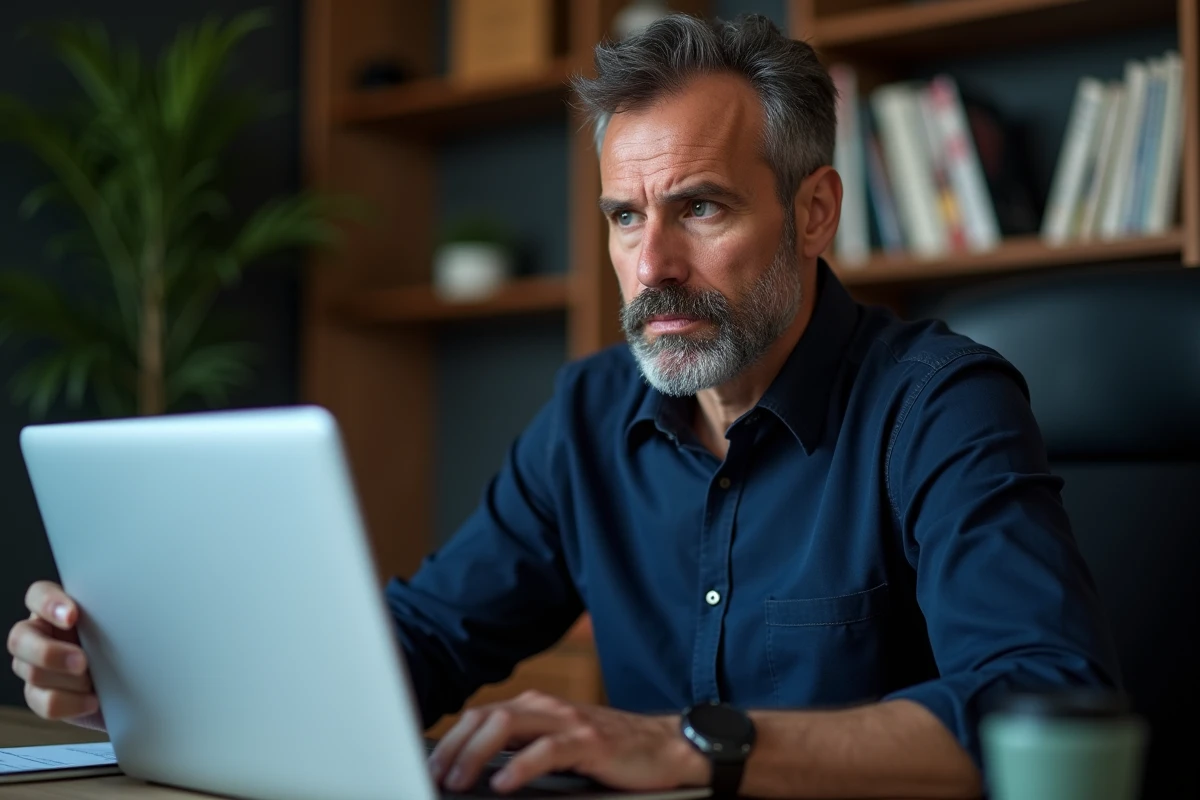 Homme utilisant son ordinateur portable pour payer une facture Free Mobile avec une carte bancaire, assis dans un bureau à domicile