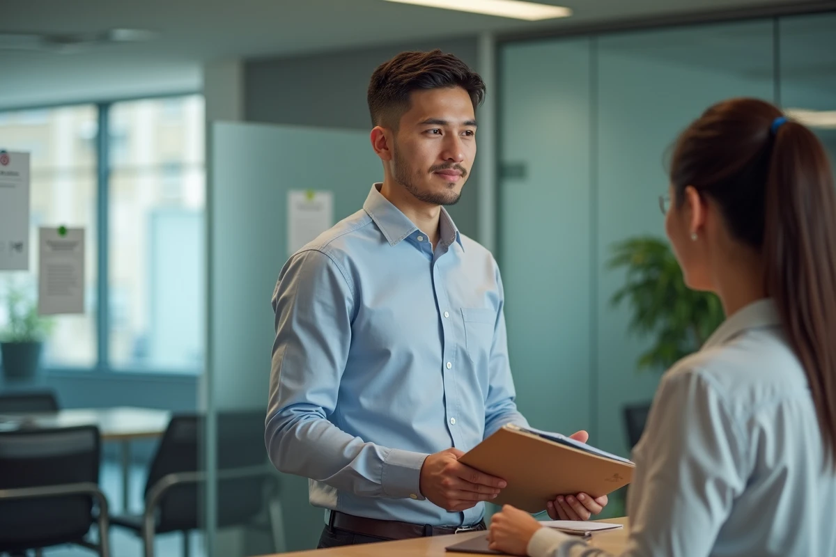 Jeune homme remettant un dossier à la réception d