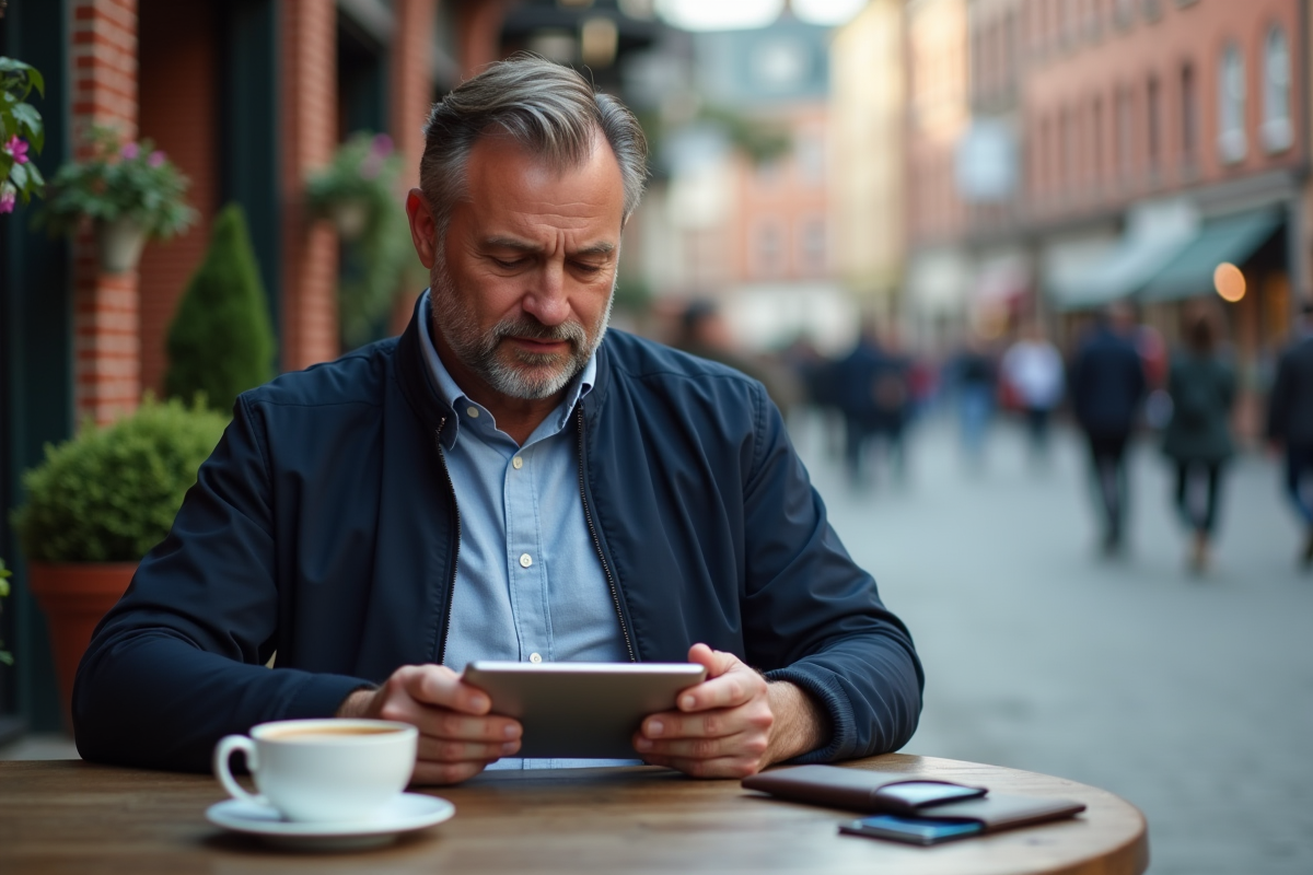 Homme consulte ses options de carte Visa au café