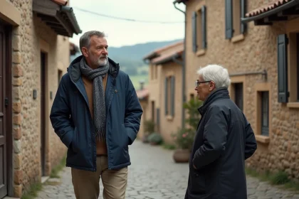 Homme d'âge moyen saluant un résident dans un village rural