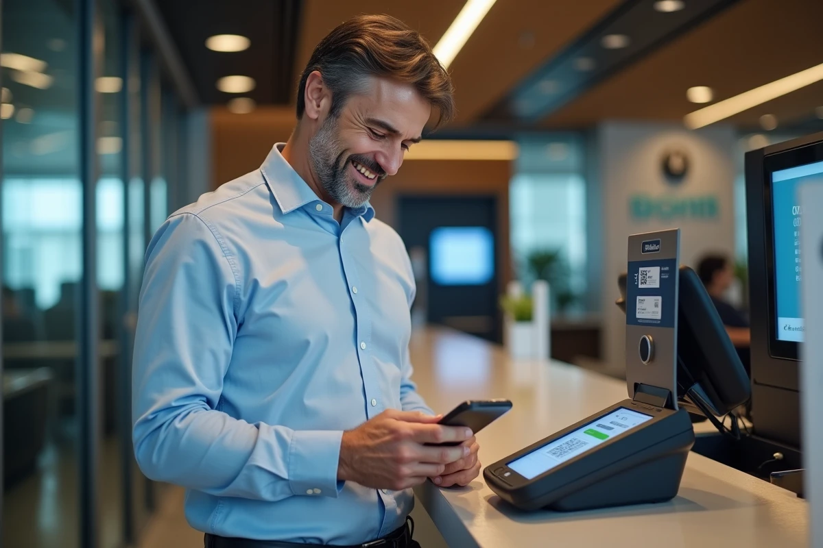 Homme scannant un QR code dans une agence bancaire moderne