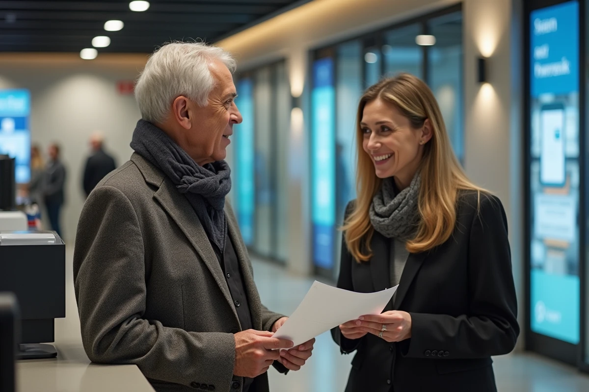 Homme âgé discutant avec conseiller bancaire en intérieur