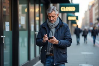 Homme d'âge moyen regardant son smartphone devant une banque