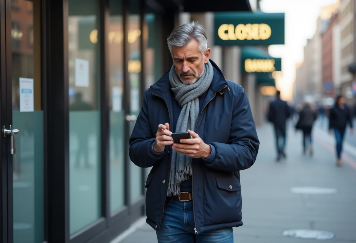 Homme d'âge moyen regardant son smartphone devant une banque