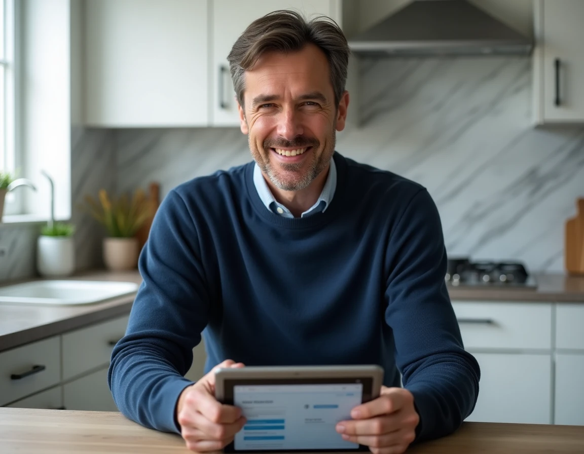 Homme utilisant une tablette pour effectuer une simulation de crédit en ligne dans sa cuisine