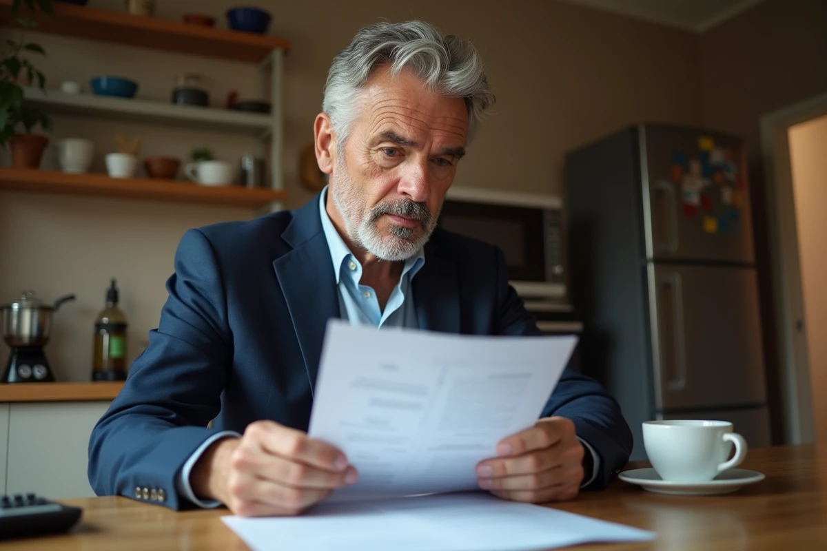 Homme d age moyen étudiant des formulaires à la maison