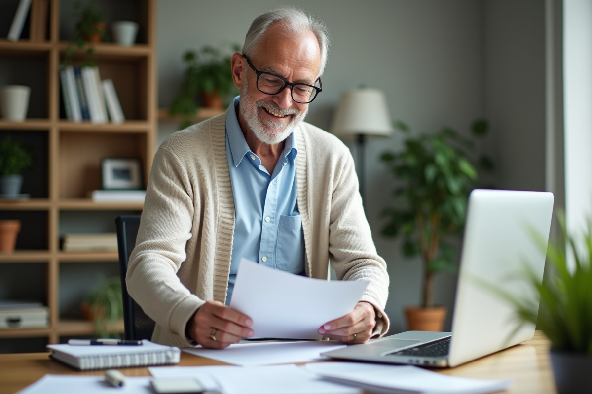 Homme âgé triant des papiers de pension dans son bureau