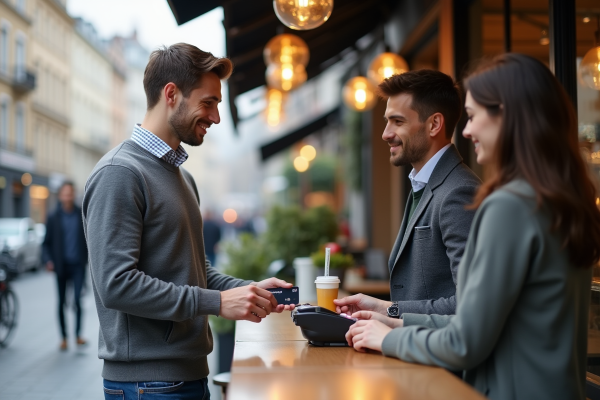 Jeune homme utilisant sa carte au café en ville