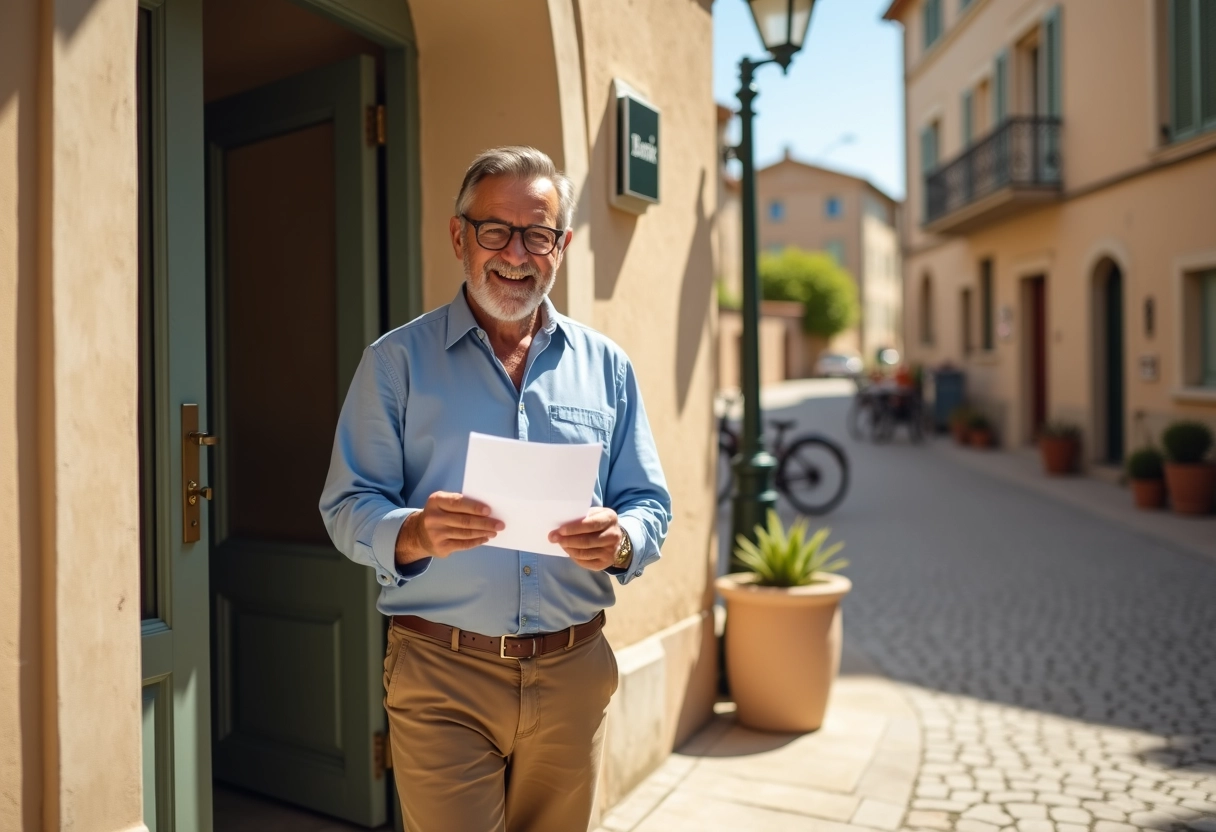 Homme vérifiant ses documents devant une banque de village