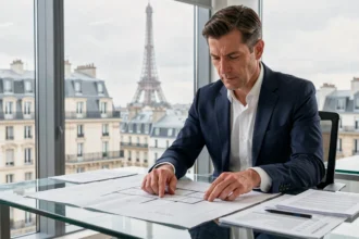 Investisseur immobilier analysant des plans et documents financiers dans un bureau parisien moderne avec vue sur la Tour Eiffel