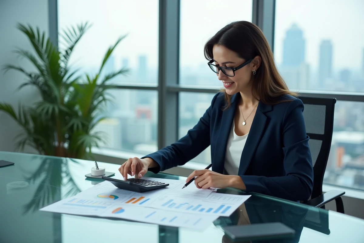 Femme investisseuse étudiant des graphiques financiers avec une calculatrice dans une salle de réunion d'entreprise