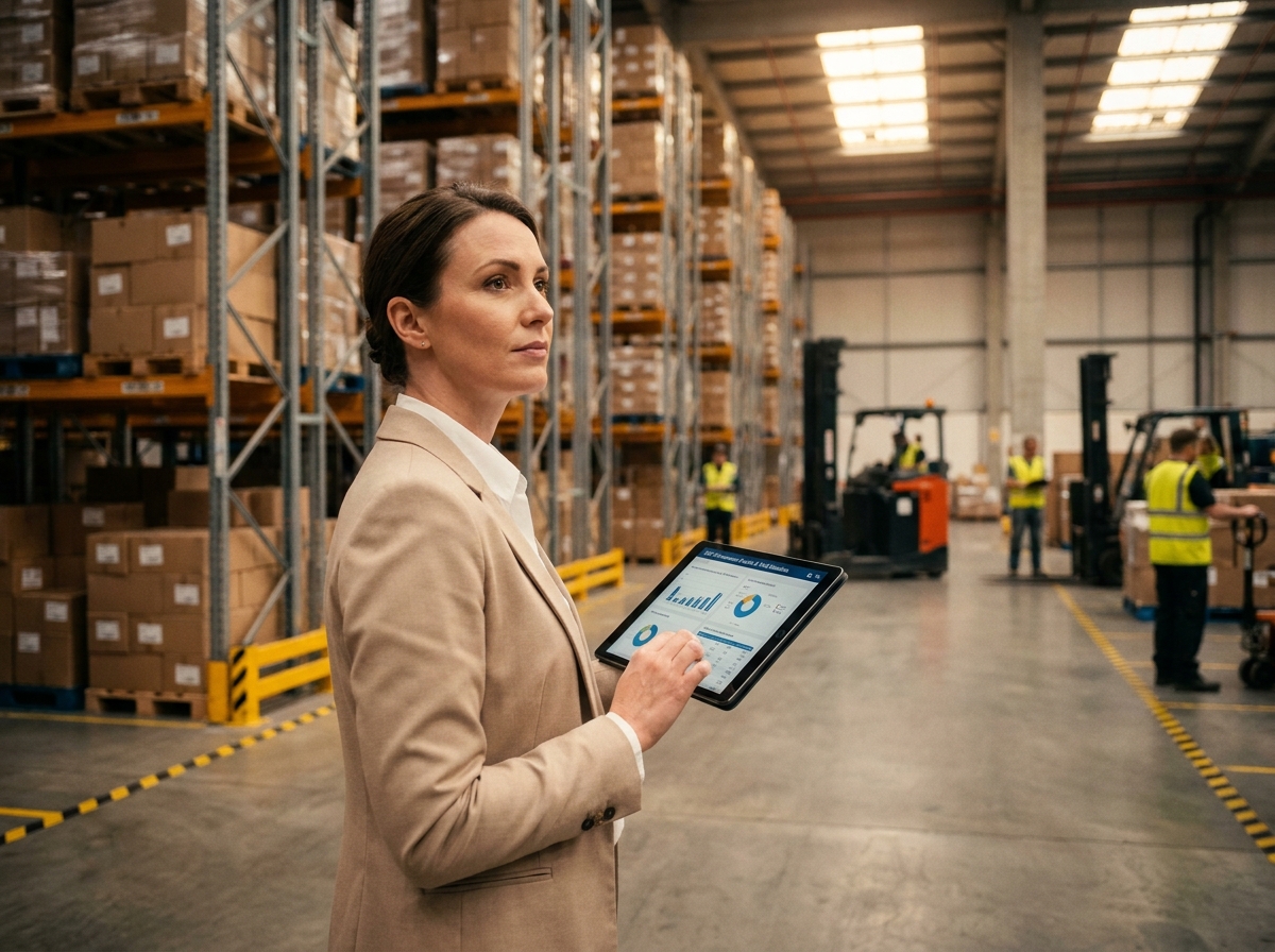 Investisseuse consultant les performances d'une SCPI logistique sur tablette dans un entrepôt actif